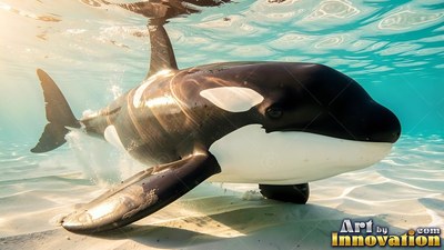 In shallow sunny water, a young killer whale cruises over white sand