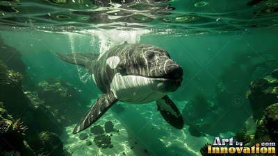 A killer whale moves underwater in clear green ocean light