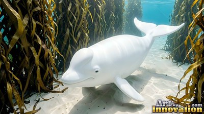 Smooth white skin on a beluga whale moving past tall kelp over a sandy seabed