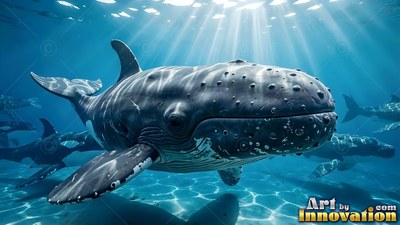 A gray humpback swims forward under bright sunbeams in clear blue water