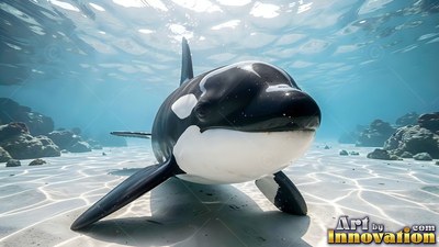 Facing forward, an orca rests on white sand in clear, shallow water