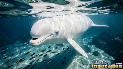 In clear turquoise water, a white beluga whale swims above a sandy seafloor