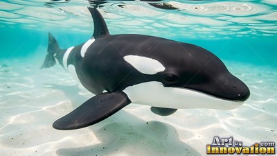 Swimming over white sand, a black and white killer whale drifts in clear shallow water