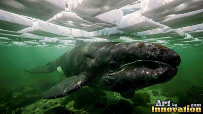 A dark whale swims underwater beneath floating ice blocks