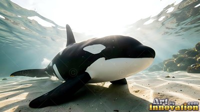 A white patch behind the eye marks an orca swimming over sunny sand in clear water