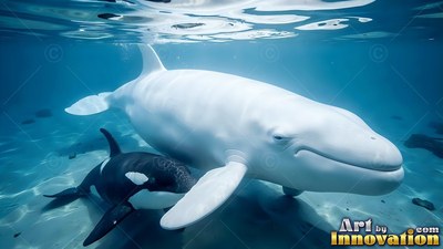 A white beluga whale swims alongside a small black killer whale calf in sunlit blue water