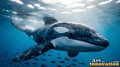 Swimming forward near the sunny surface, an orca glides through clear blue water