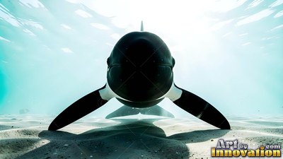An orca glides straight ahead over pale sand in clear, bright turquoise water