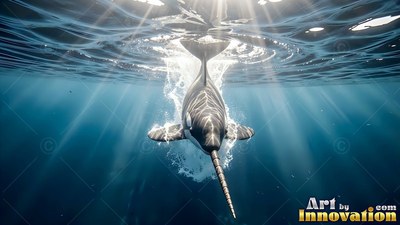 In sunlit blue water, a narwhal dives down through seafoam bubbles