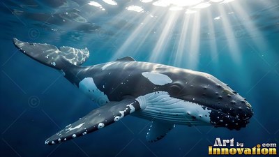 Humpback swimming in blue water under sunlight rays