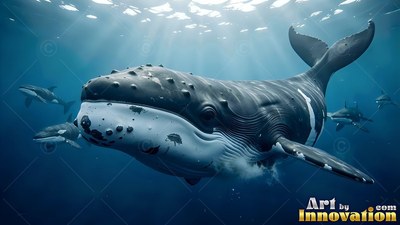 Knobby bumps cover the snout of a dark whale moving through sunlit blue sea water