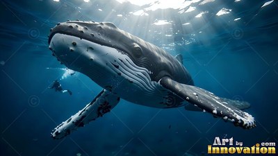 A humpback moves toward the surface where bright sunbeams cut through dark blue water