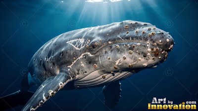 Close-up of a humpback whale head swimming under sunlit blue water