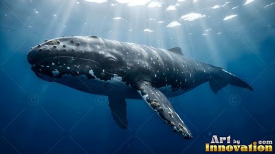 A humpback whale passes under bright sunbeams in dark blue water