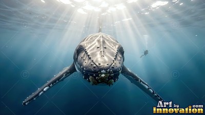 In sunlit blue water, a large humpback whale swims straight ahead near a diver