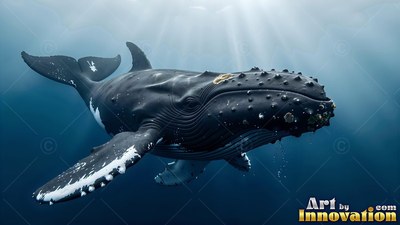 Swimming toward sunlight, a dark humpback whale glides through blue ocean water