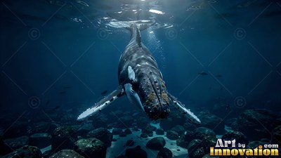 Humpback swimming downward in dark blue sea over dark rocks