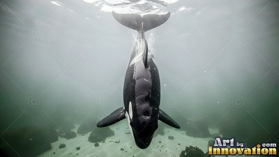 Glossy black skin with white patches on an orca diving through pale greenish water to a sandy seabed