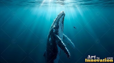A swimming humpback whale swims upward toward sunbeams shining in deep blue water