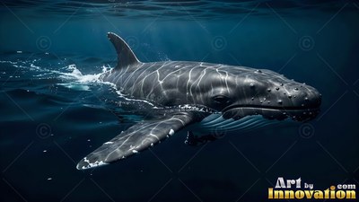 Swimming near the surface, a swimming humpback whale glides through dark blue water