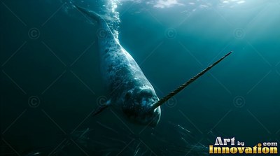 A mottled narwhal swims down through dark greenish blue the sea