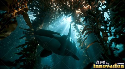 In a dark kelp forest, a black and white killer whale swims toward sunbeams