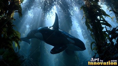 Swimming through kelp, a black and white killer whale drifts in blue sunlit water