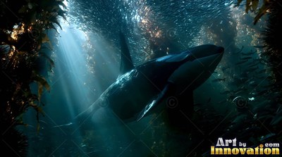 Killer whale traveling up through kelp in sunlit blue water