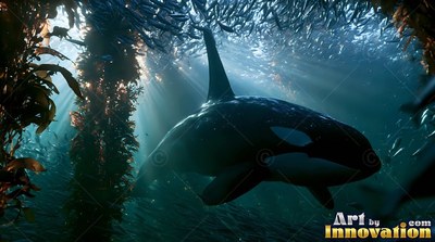 A white eye patch marks an orca swimming through kelp under sunlit schools of fish