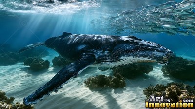 A large humpback whale moves over sandy shall ows beneath bright sunbeams in clear blue water