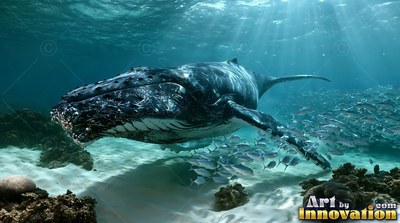 Swimming close over sunny white sand, an adult humpback whale turns beside small fish