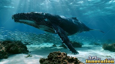 A humpback whale swims through sunlit blue water above a sandy seabed with coral reefs