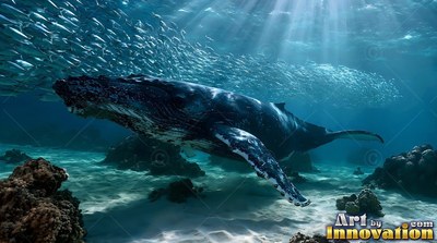 In clear sunlit water, a humpback whale swims below a school of small silver fish