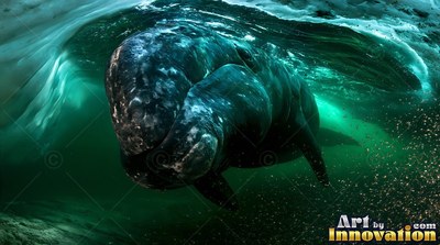 Swimming under sea ice, a gray whale curves its head in green water