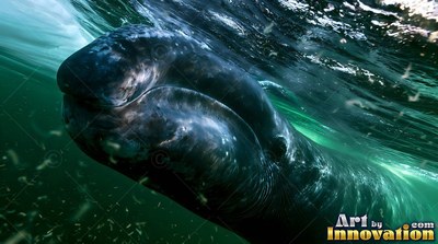 Dark gray bowhead whale swimming just below greenish sea water