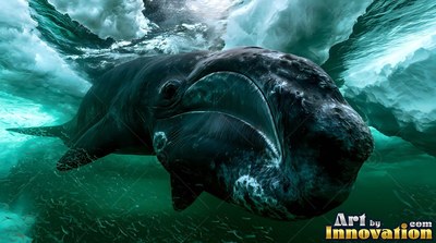 A bowhead whale passes forward beneath sea ice in deep turquoise water