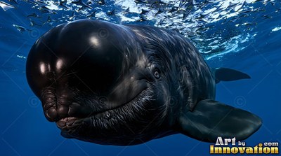 Facing forward in clear blue water, a dark pilot whale swims