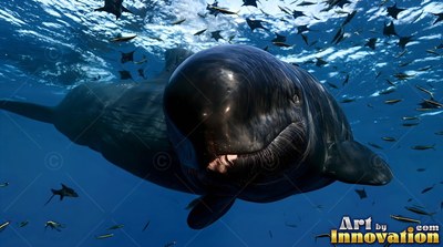 In sunlit blue water, a dark pilot whale swims straight toward the viewer