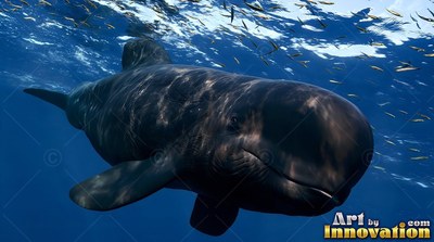 Swimming near the surface, a black pilot whale turns through sunlit blue water