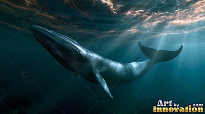 Blue whale moving upward in deep water under sunlight