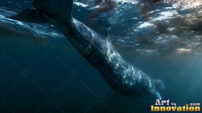 A gray whale cruises downward within deep water beneath bright sunlight