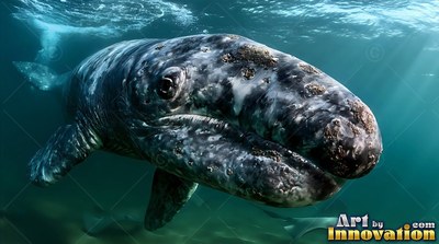Swimming forward, a gray whale slides through sunny blue water