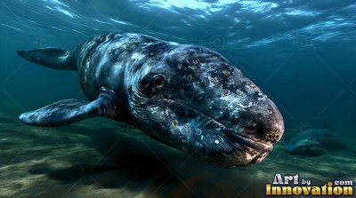 A mottled gray whale moves forward through sunlit blue ocean water