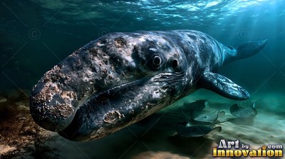 In sunny blue water, a gray whale swims close over a sandy sea floor