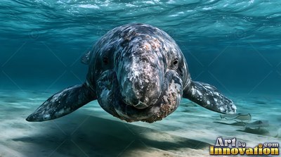 Swimming forward, a gray whale glides just above the sandy sea floor in blue water