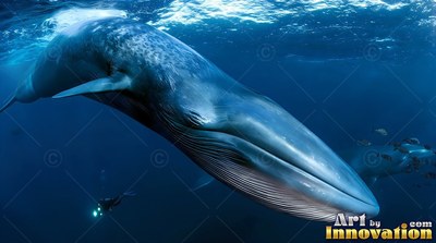 Blue whale travels underwater near a tiny diver with a light