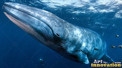 A blue whale slides across deep water as bright sunlight ripples across its back