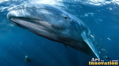 Angled close from below, a blue whale moves through deep sunlit open water