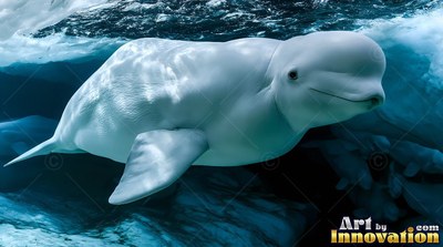 A white beluga whale passes under sea ice in deep blue water