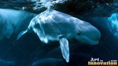 Under bright blue sea ice, a white beluga whale travels toward the surface